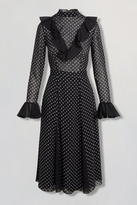 Chiffon polka-dot dress with ruffles in black