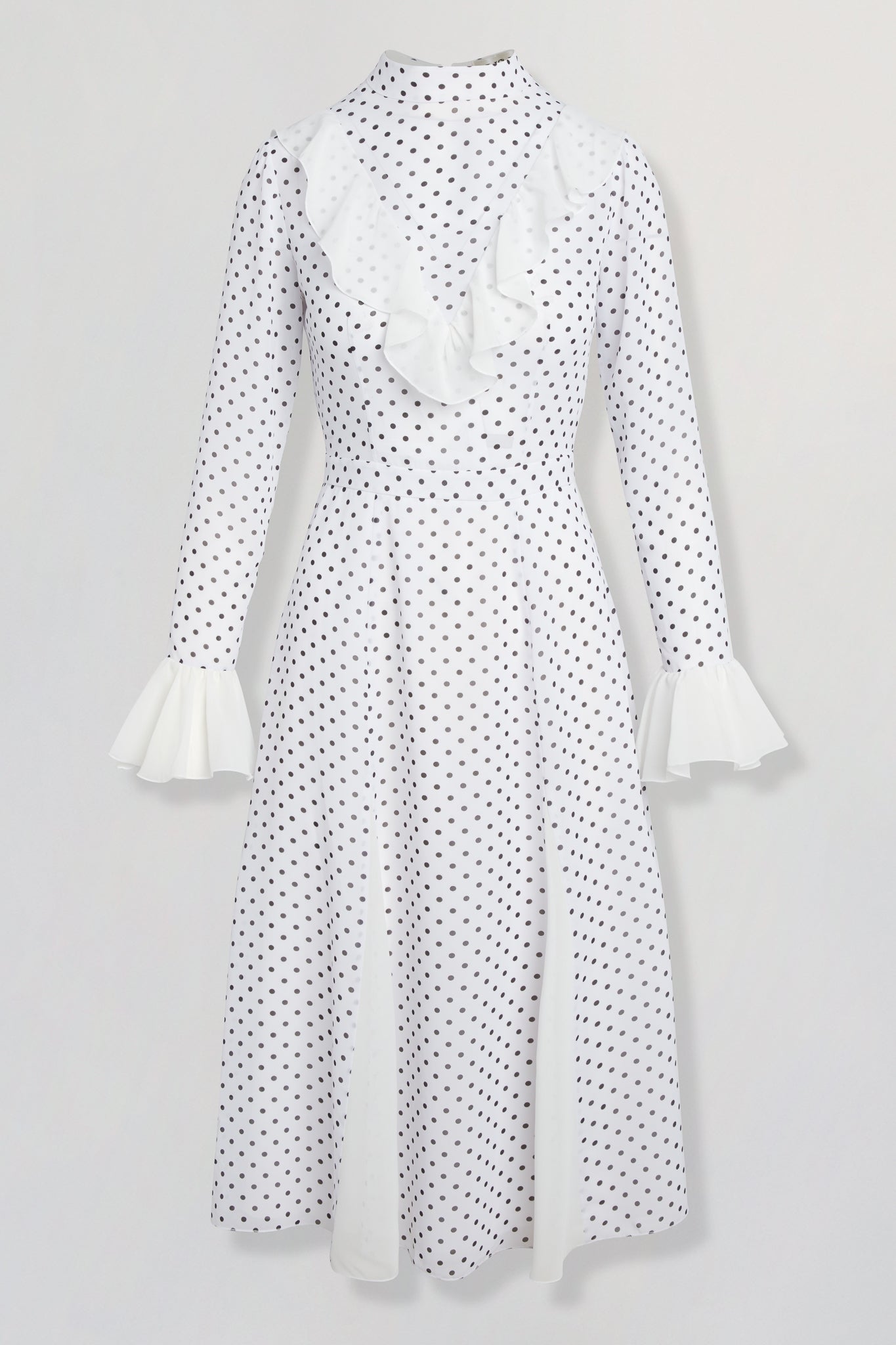 Chiffon polka-dot dress with ruffles in white