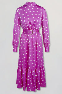 Silk midi belted polka-dot dress with high neck in fuschia