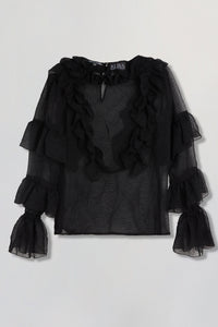 Sheer chiffon blouse with ruffles in black