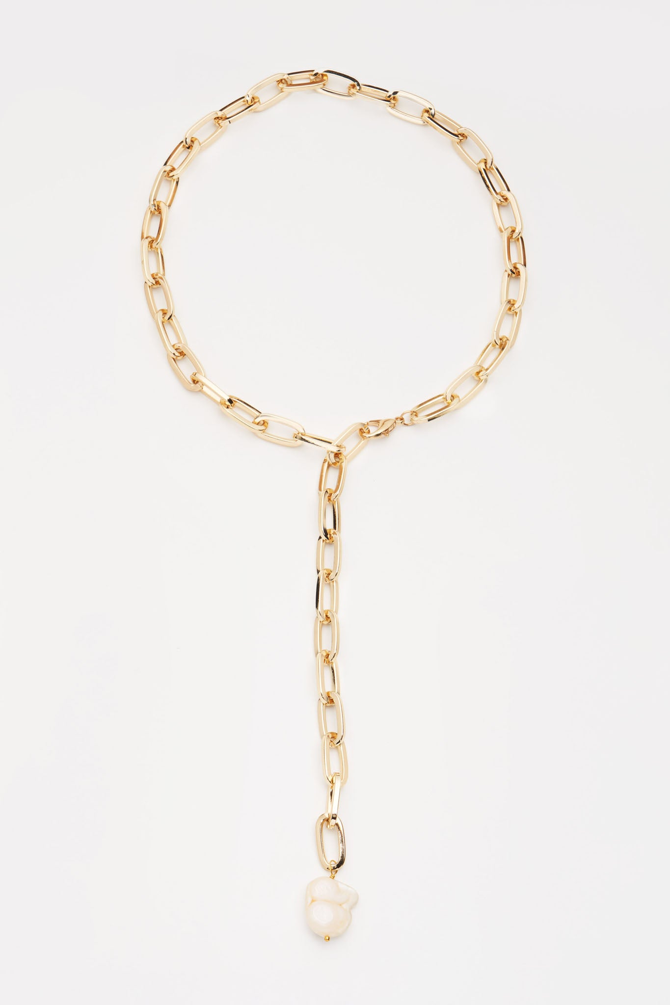 Gold lariat chain necklace with baroque pearl