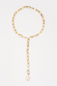 Gold lariat chain necklace with baroque pearl