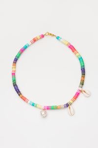Multicolor beaded necklace with pearl and shell pendants