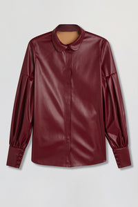 Vegan leather shirt with pleated balloon sleeves in maroon