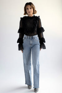 Sheer chiffon blouse with ruffles in black