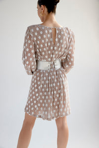 Metallic polka-dot mini dress with belt in nude