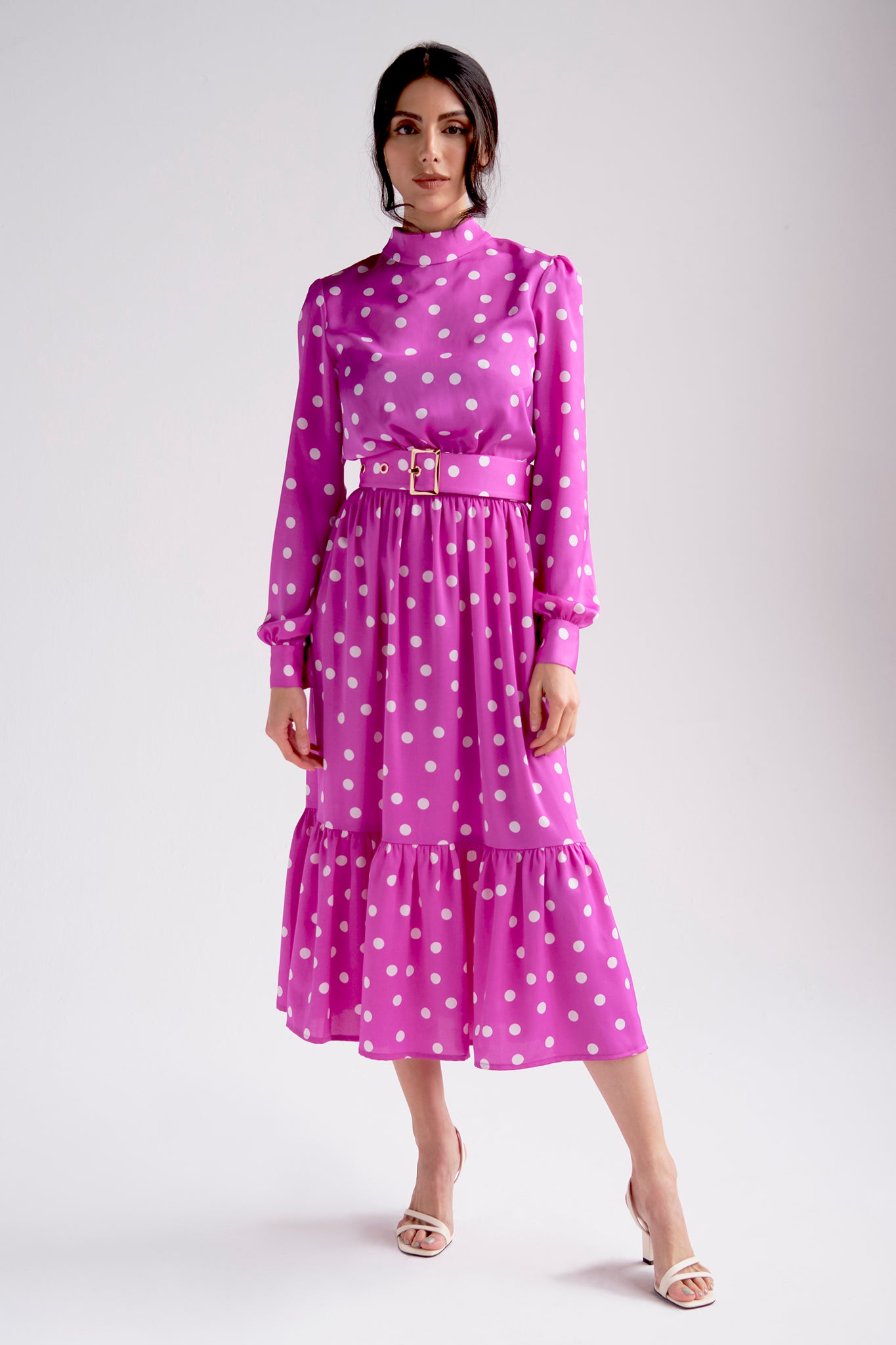 Silk midi belted polka-dot dress with high neck in fuschia