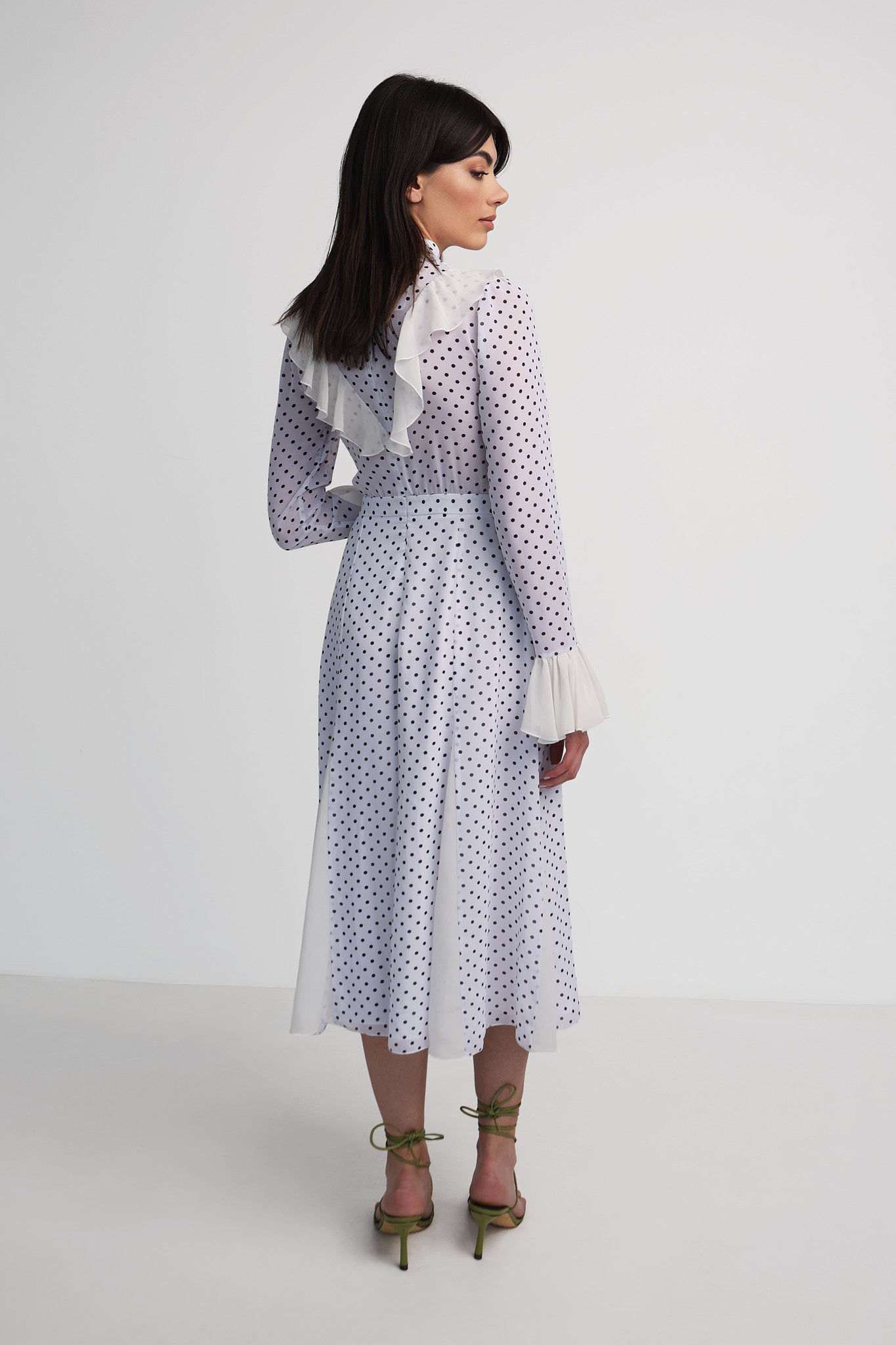 Chiffon polka-dot dress with ruffles in white