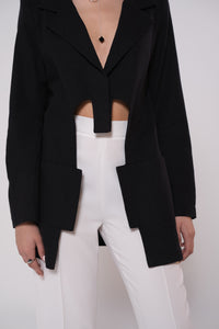 Geometric linen cut out blazer in black