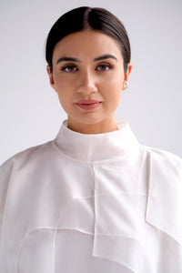 Silk layered blouse with high neck in white