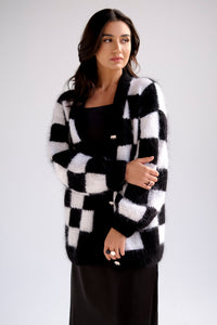 Oversized angora wool chess cardigan in black and white