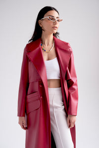 Belted vegan leather trench coat in red
