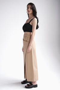Wide leg pants with wrap and cargo pocket in tan