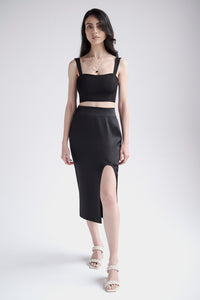 Silk skirt with front slit in black
