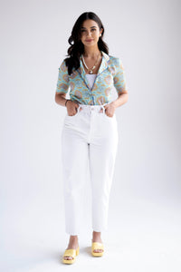 Satin short sleeve button down blouse in mint heritage print