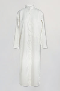 Oversized silk long collarless shirt with high pocket in white
