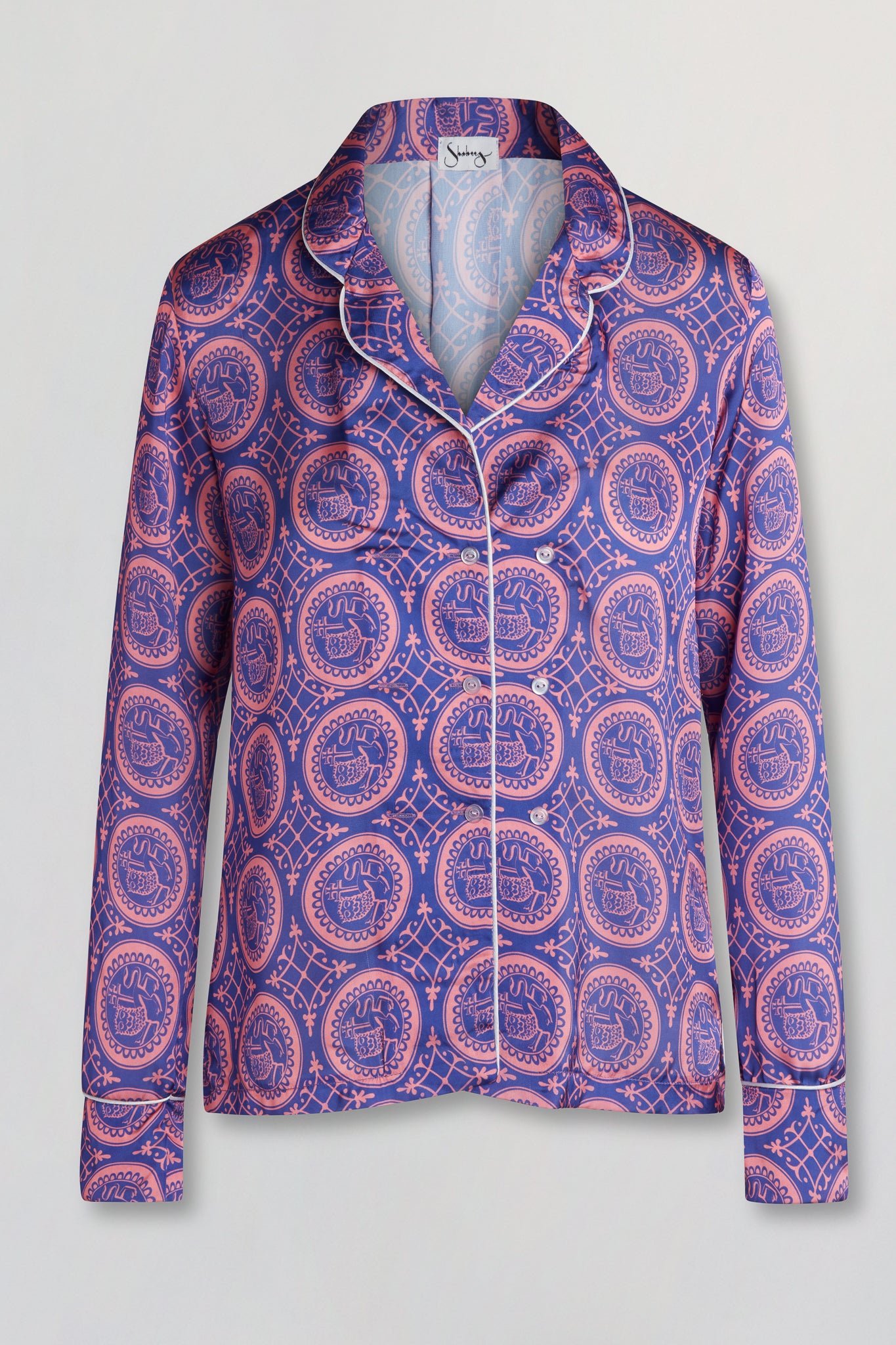 Satin double breasted long sleeve blouse in purple heritage print