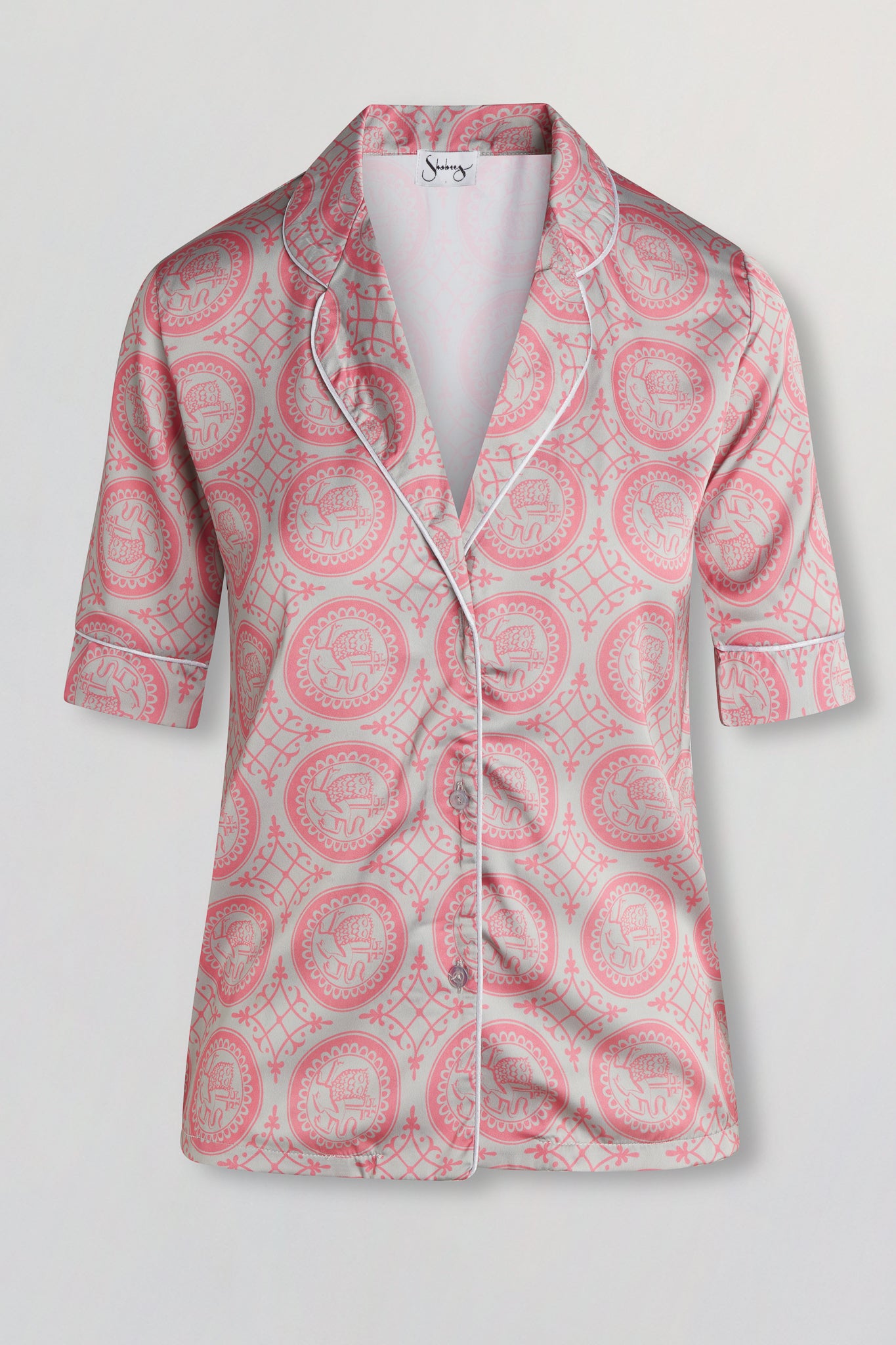 Satin short sleeve button down blouse in pink heritage print