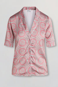 Satin short sleeve button down blouse in pink heritage print
