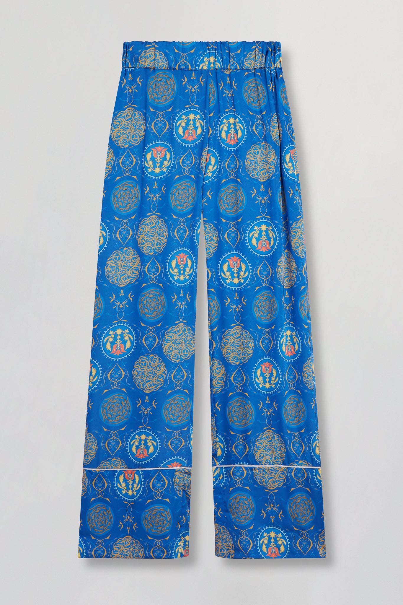 Satin wide leg pants in royal blue heritage print