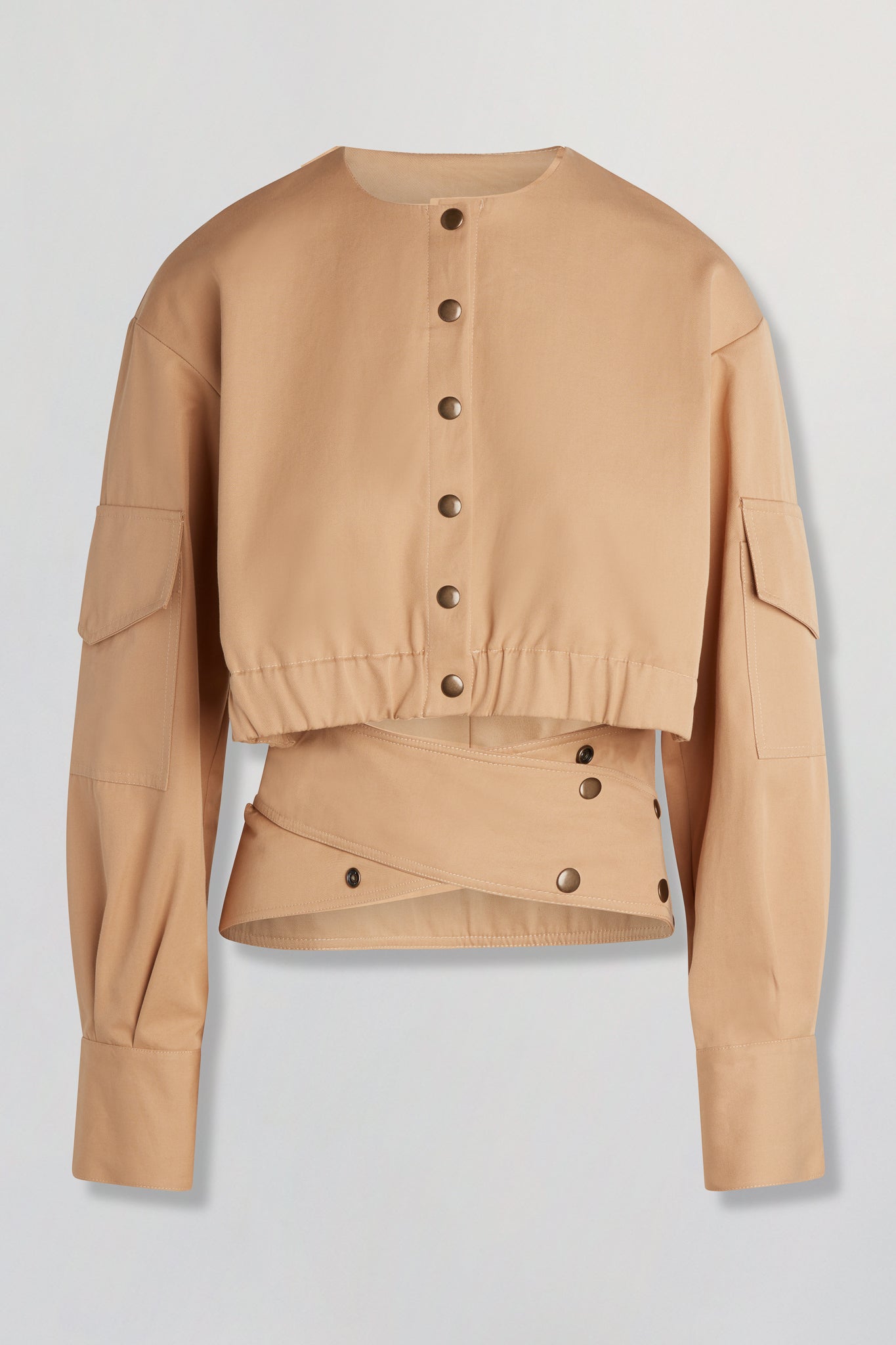 Cropped cargo jacket with wide crossover band in tan