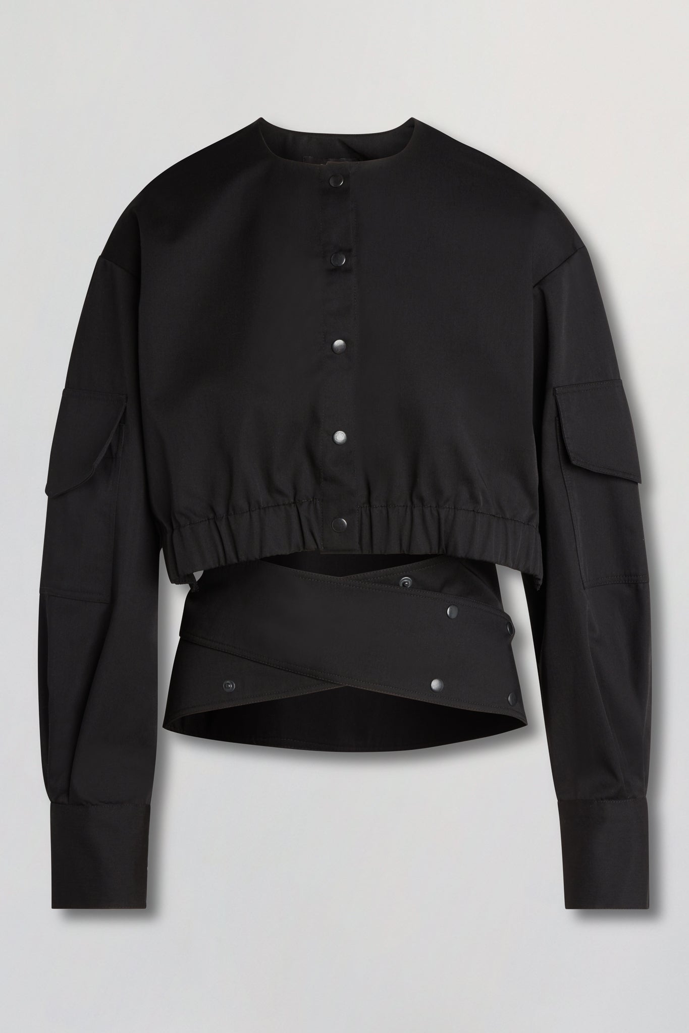 Cropped cargo jacket with wide crossover band in black