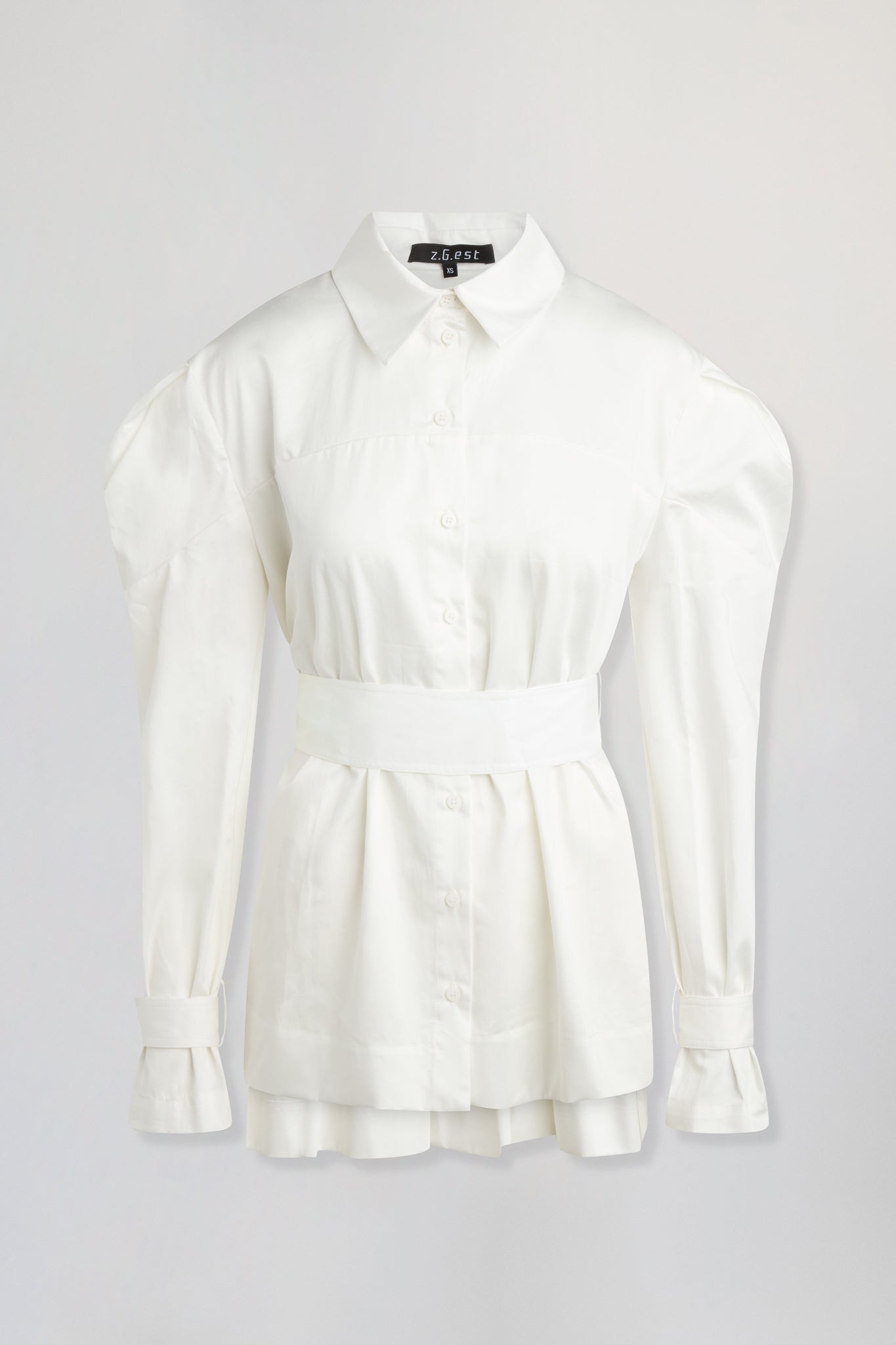 Belted shirt with puff sleeves and asymmetric hem in white