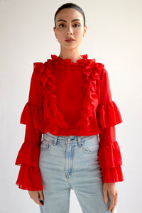 Sheer chiffon blouse with ruffles in red