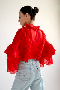 Sheer chiffon blouse with ruffles in red